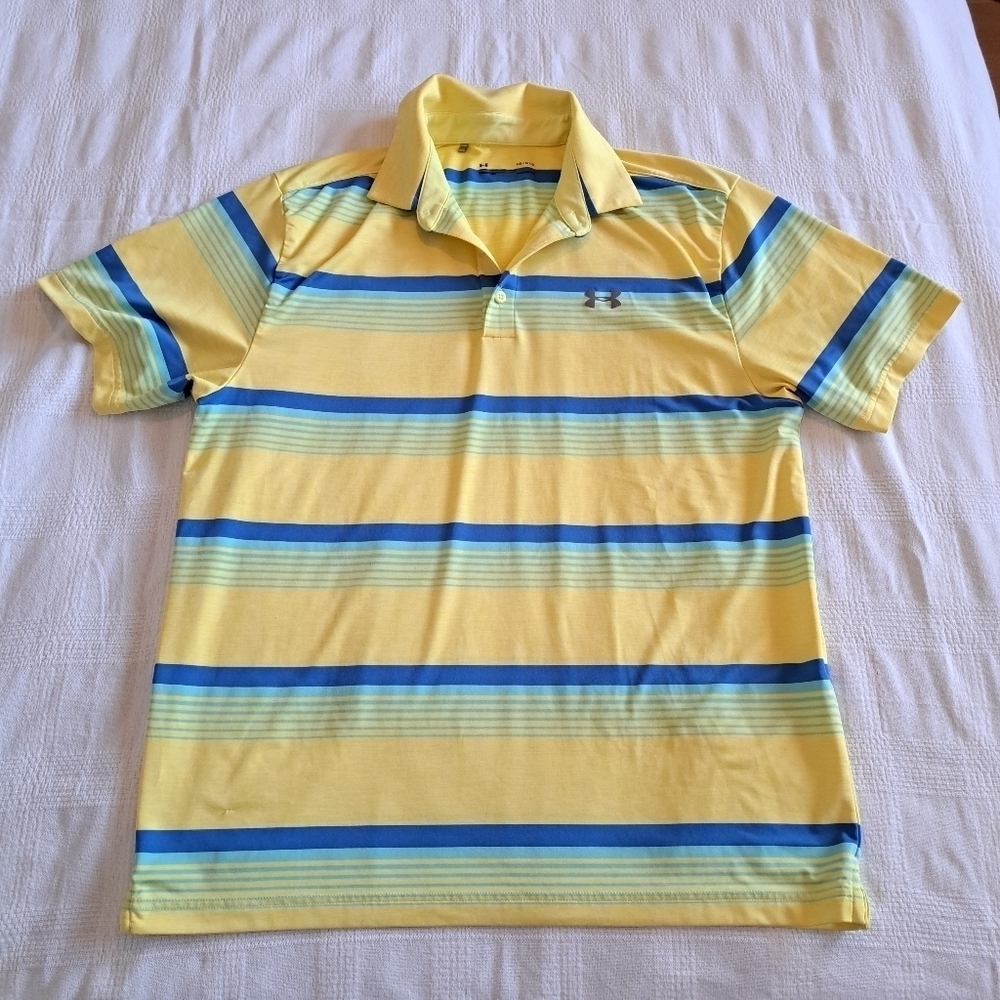 Under Armour men's large yellow with stripes polo shirt